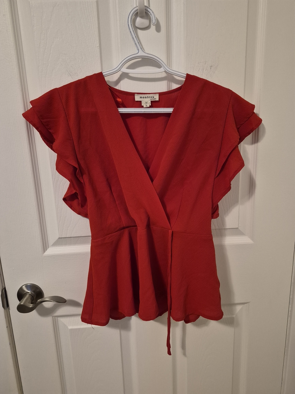 Monteau Red Ruffle Sleeve Wrap Top